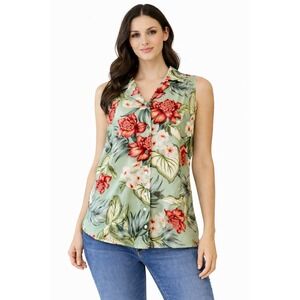 Vintage Bishop St Women Tropical Hawaiian Floral Sleeveless Shirt Tank Top Large